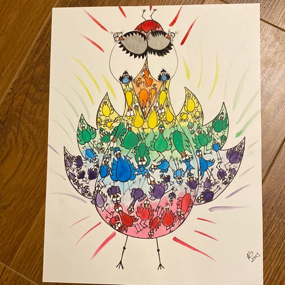 Unframed Original Watercolour Art Rainbow Birds on Watercolour Paper AB Artist - Picture 1 of 4